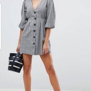 Boohoo plunge button through dress in grey check